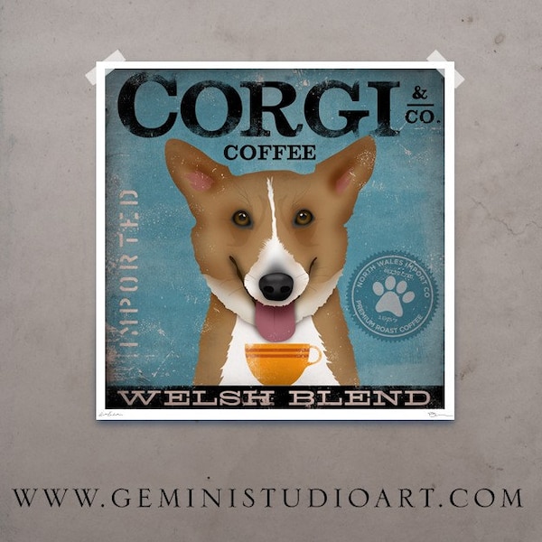 Welsh Corgi Coffee Company original graphic illustration giclee archival signed artist's print by Stephen Fowler PIck A Size