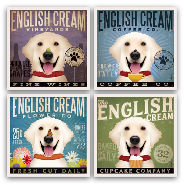 English, Cream, Golden, Retriever, dog, art artwork select theme UNFRAMED graphic illustration giclee archival signed artist's print