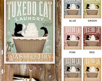 Tuxedo cat laundry basket company laundry room artwork UNFRAMED signed artists print by stephen fowler geministudio