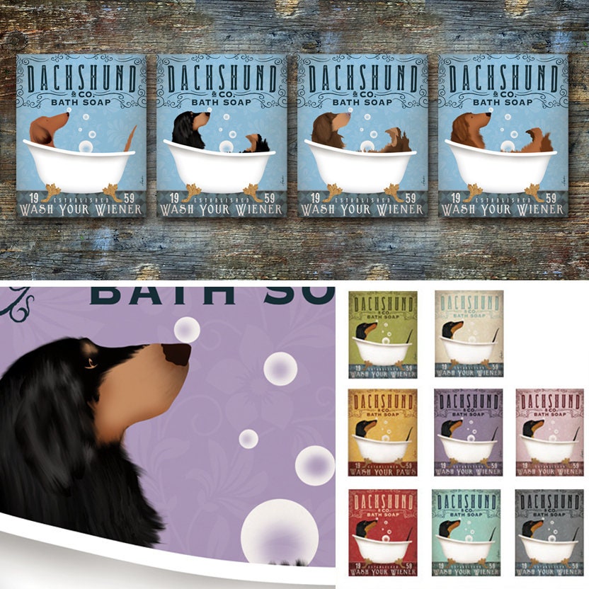 Dachshund Bath Canvas Art: Long Dog in Clawfoot Tub