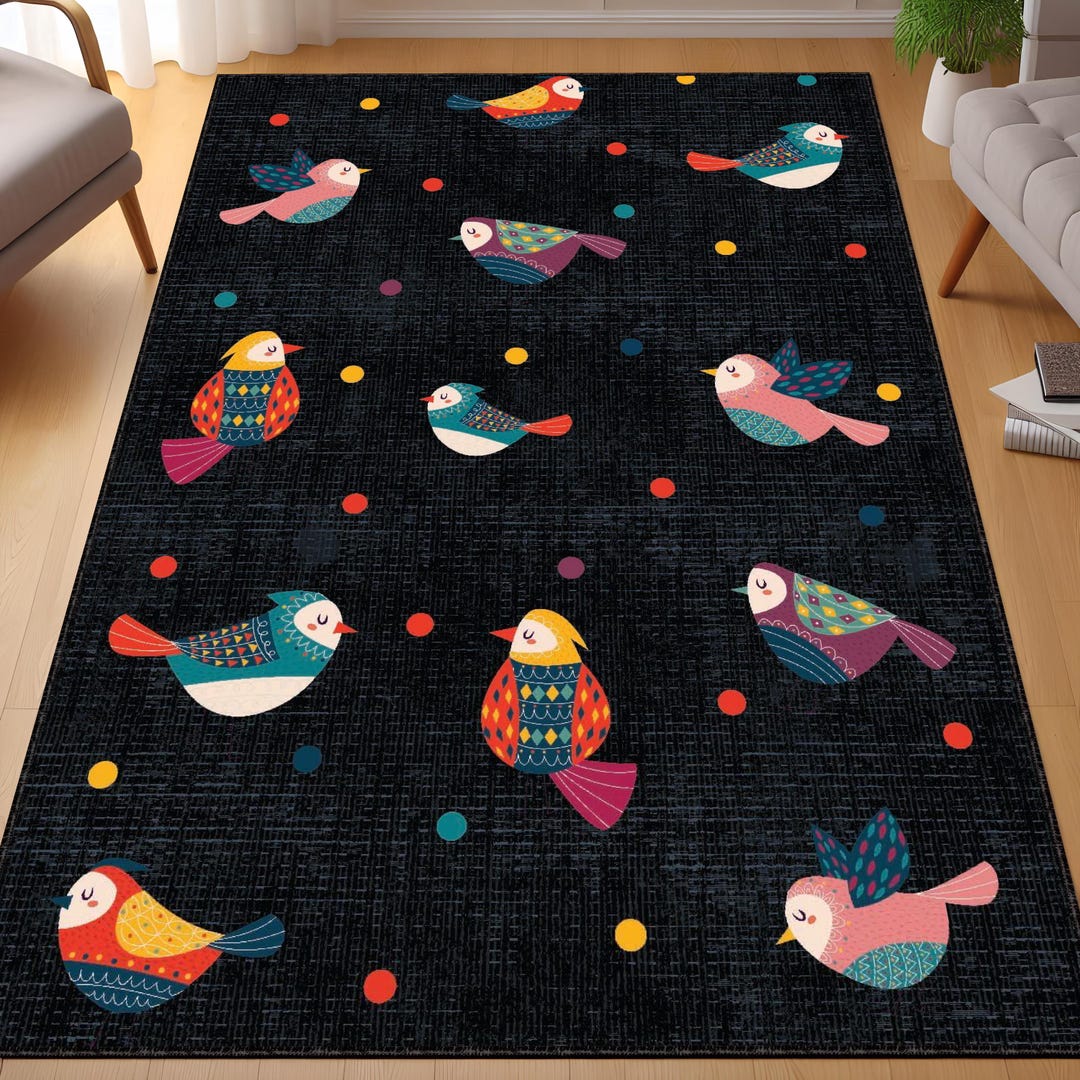 Birds Patterned Rug, Black Rug, Modern Rug, Decorative Stylish Area Rug ...