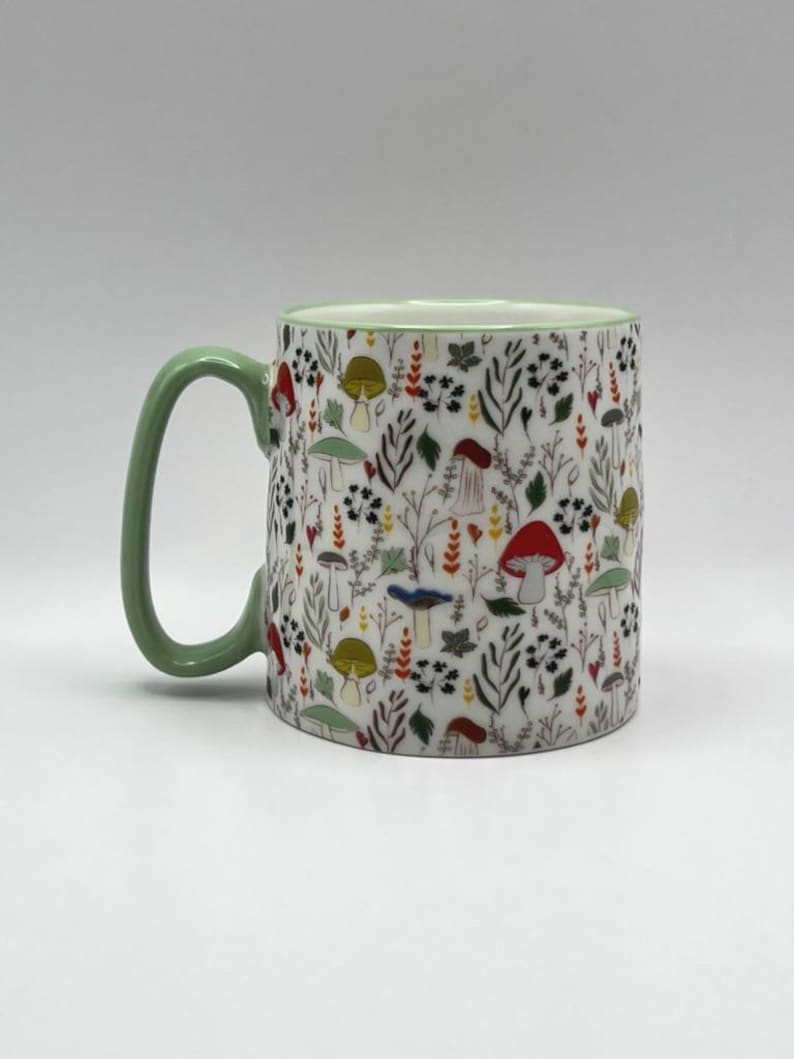 Mushroom Coffee Mug: Bella Ceramic Tea Cup with Green Trim image 4