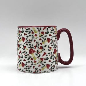 Mushroom Coffee Mug: Hearts, Leaves, Red Trim - Bella Ceramic