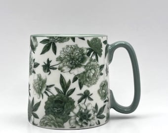 Cottage Roses Coffee Mug, Floral Tea Cup, Green Sage Design