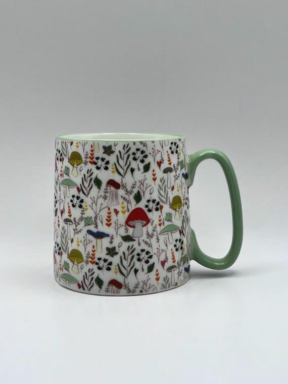 Mushroom Coffee Mug: Bella Ceramic Tea Cup with Green Trim