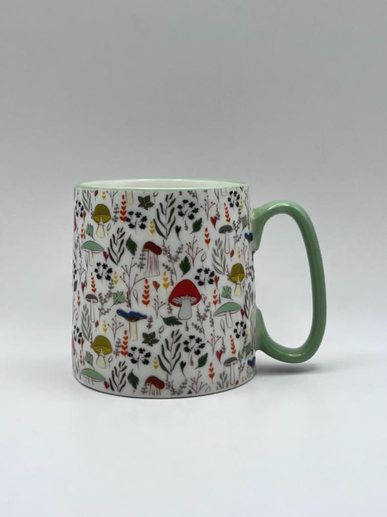 Mushroom Coffee Mug: Bella Ceramic Tea Cup with Green Trim image 1