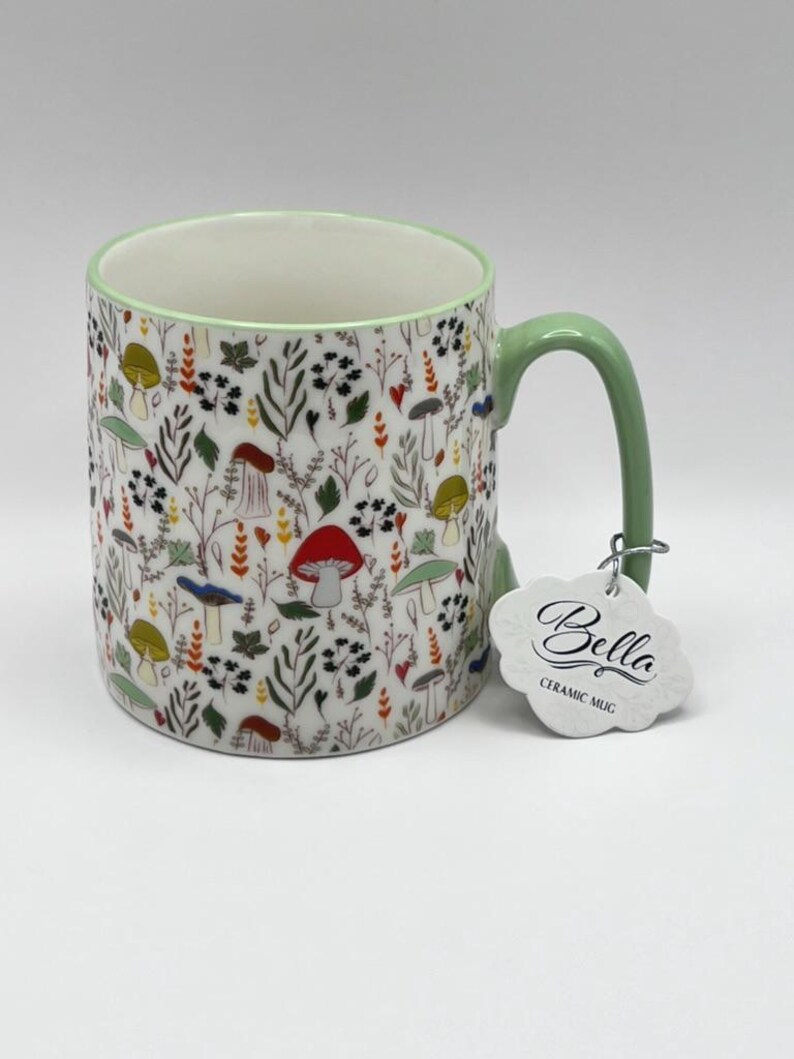 Mushroom Coffee Mug: Bella Ceramic Tea Cup with Green Trim image 10