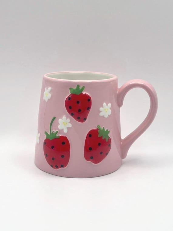 Strawberries and Daisies Coffee Mug: Hand Painted Ceramic Tea Cup