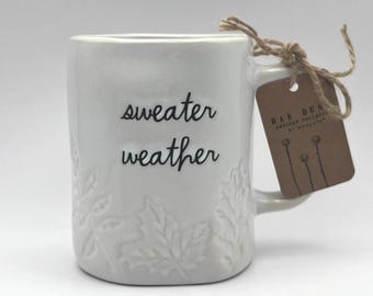 Rae Dunn "Sweater Weather" coffee mug,Leaves embossed design tea cup.