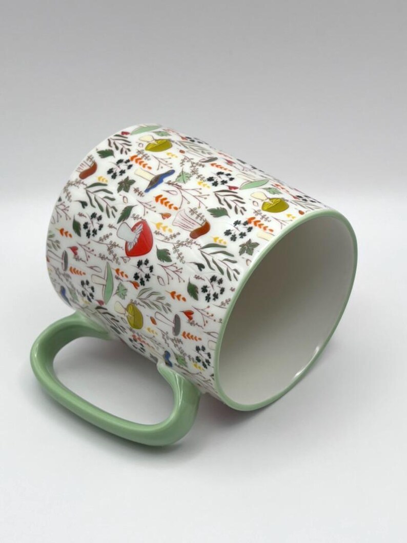 Mushroom Coffee Mug: Bella Ceramic Tea Cup with Green Trim image 2