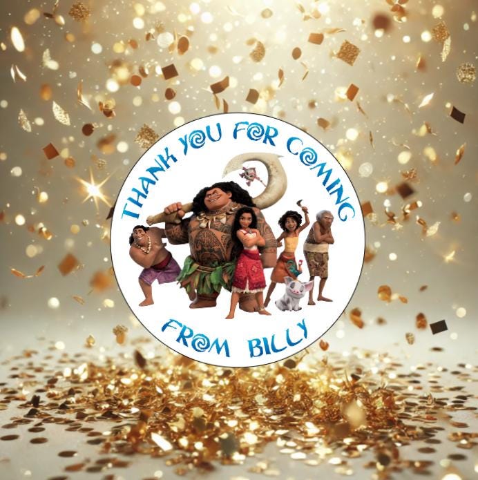 Personalised Baby Moana 3rd Birthday Party Stickers - Round For Sweet Cones & Bags (UK Made)
