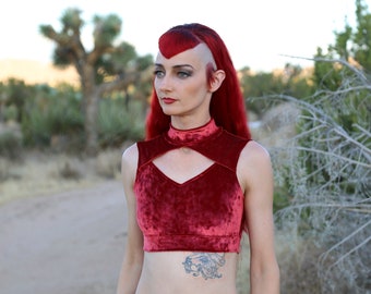 Red Crushed Velvet Crop Top with Diamond Cut Out