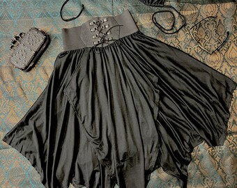 Witchy Pointed Hem Black Skirt with Elastic and Leather Studded Waistband