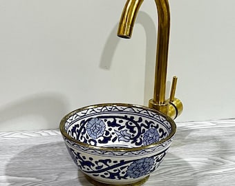 Ceramic sink bathroom basin handmade from Moroccan pottery with copper edge and colorful craft accessories and 100% guaranteed