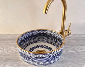 Ceramic sink bathroom basin handmade from Moroccan pottery with copper edge and colorful craft accessories and 100% guaranteed