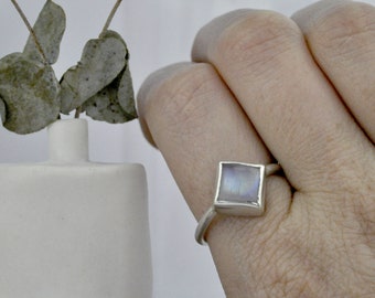 Square Rainbow Moonstone silver Lotus fitted alternative wedding ring set.