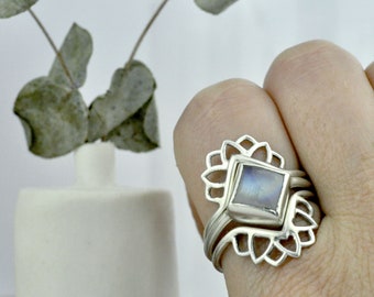 Square Rainbow Moonstone silver Lotus fitted alternative wedding ring set.