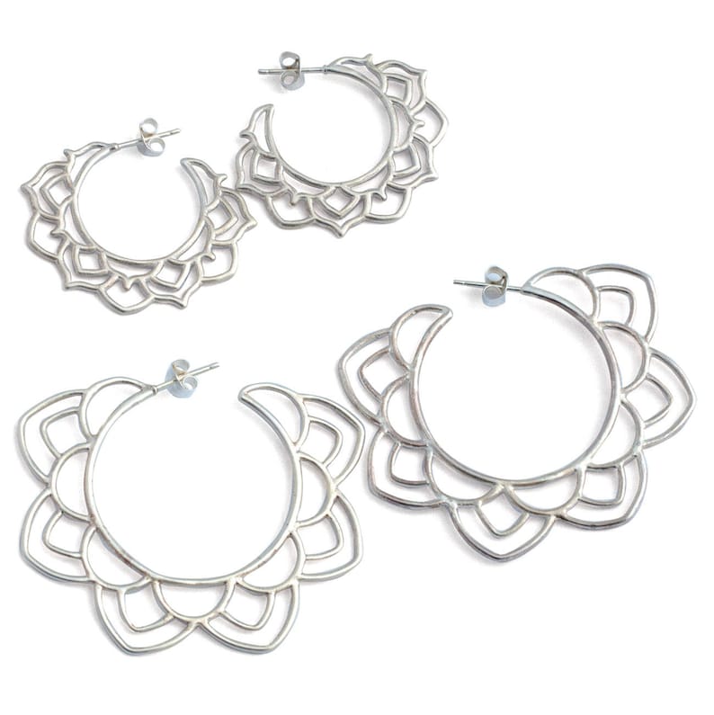 Contemporary Hoop Solid Sterling Silver Lotus Flower Earrings Inspiring Mandala Silver Hoop Earrings Statement Hoop Earrings