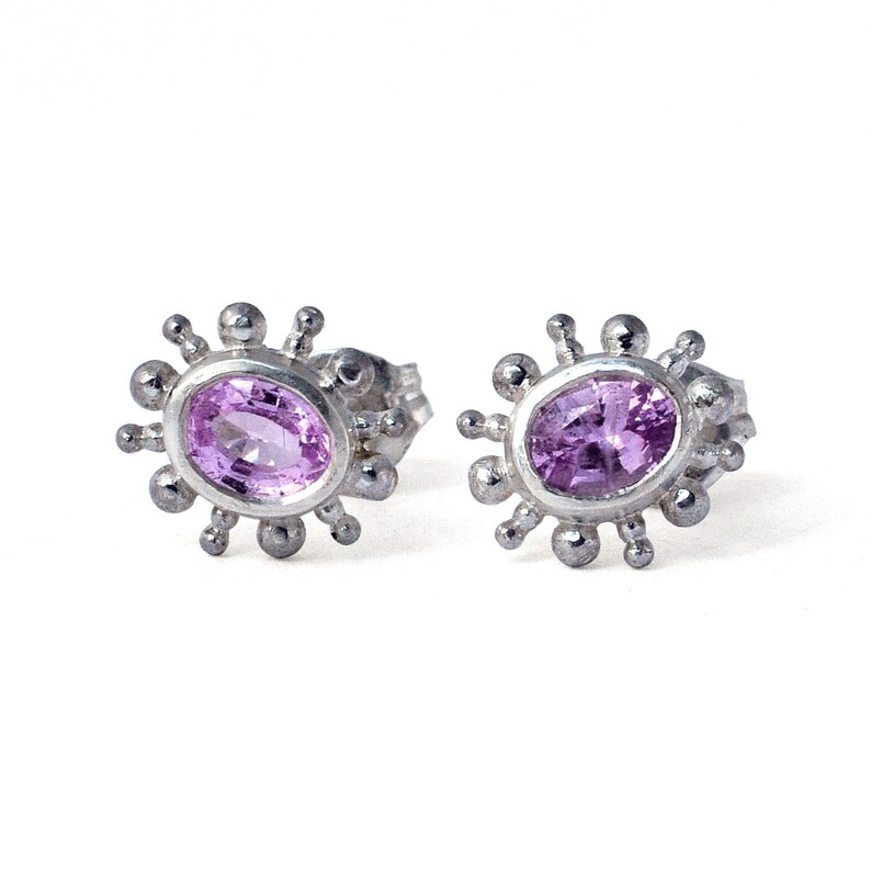 oval sapphire granulation stud earrings. Pink sapphire earring solid sterling silver