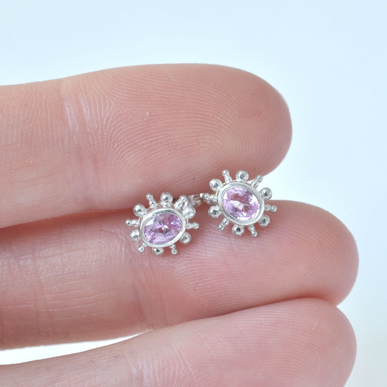 oval sapphire granulation stud earrings. Pink sapphire earring solid sterling silver