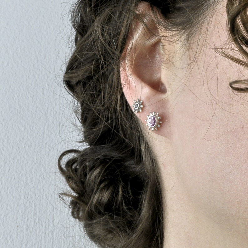 oval sapphire granulation stud earrings. Pink sapphire earring solid sterling silver