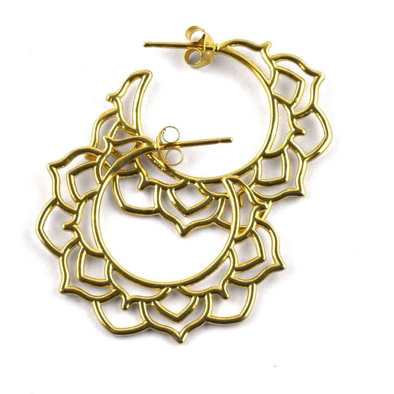 Gold hoops mandala Statement hoops large Flower earrings Gold plated silver tribal hoop earrings