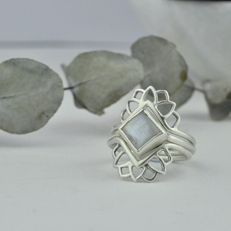 Square Rainbow Moonstone silver Lotus fitted alternative wedding ring set.