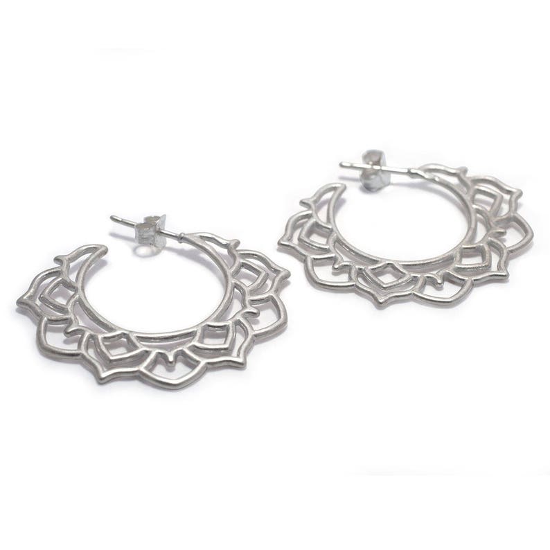 Contemporary Hoop Solid Sterling Silver Lotus Flower Earrings Inspiring Mandala Silver Hoop Earrings Statement Hoop Earrings