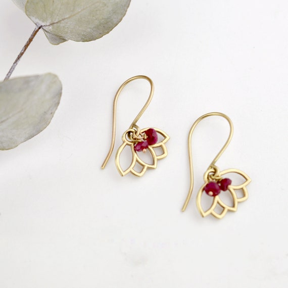 9ct Yellow Gold Ruby Lotus Earring natural gemstone bead | Etsy