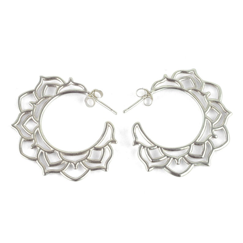 Contemporary Hoop Solid Sterling Silver Lotus Flower Earrings Inspiring Mandala Silver Hoop Earrings Statement Hoop Earrings