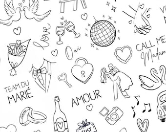 Sheet of 50 Temporary Tattoos for Weddings, Bachelorette Parties & Engagements, Fine Line Love Designs, Event Tattoos, Temporary Tattoo Bar