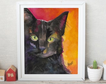 Black Cat Picture, Cat Gifts, Black Cat Art Print of Original Watercolor Painting, Black Cat Memorial, Black Cat Mom, Black Cat Dad, 8x10
