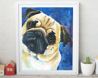 Pug Gifts, Pug Art Print of Original Watercolor Painting, Portrait, Memorial, Poster, Picture, Pug Decor, Pug Lover, Pop Art, 11x14