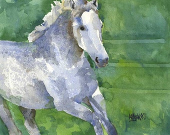 Gray Horse Running Art Print of Original Watercolor Painting 11x14