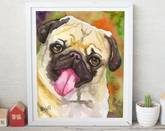 Pug Memorial, Pug Decor, Art Print of Original Watercolor Painting, Picture, Illustration, Portrait, Pug Dad Gifts, Pug Mom Gifts, 8x10