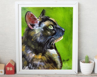 Tortie Cat Portrait, Tortoiseshell Cat Art Print of Original Watercolor Painting, Lover, Mom, Dad, Tortie Cat Gifts, Memorial, 8x10