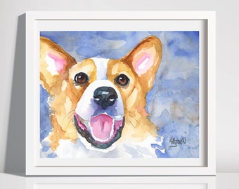 Corgi Art, Happy Dog Watercolor, Corgi print, Welsh Corgi Art Print of Original Painting, Picture, Drawing, Pop Art, 8x10