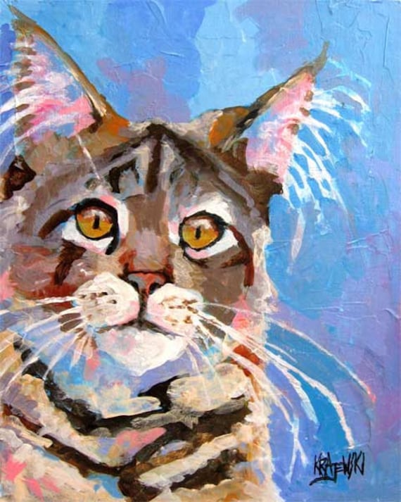 Tabby Cat Art Print Signed by Artist Ron Krajewski Painting 8x10