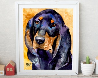 Black and Tan Coonhound Art Print of Watercolor Painting, Coonhound Painting, Coonhound Art, Dog Gifts, Dog Art, Coonhound Lover, 11x14