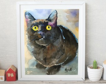 Black Cat Art Print of Original Watercolor Painting, Black Cat Print, Poster, Picture, Illustration, Black Cat Mom, Black Cat Dad, 8x10