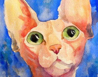 Sphynx Cat Art Print of Original Watercolor Painting 11x14