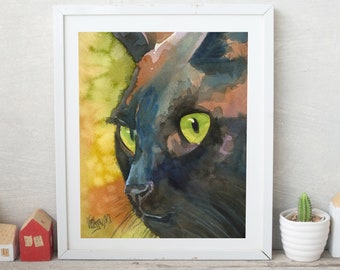 Black Cat Print of Original Watercolor Painting, Black Cat Art, Picture, Poster, Illustration, Black Cat Wall Art, Black Cat Portrait, 8x10