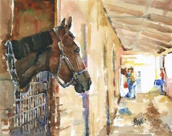 Horse Stable Art Print of Original Watercolor Painting 11x14