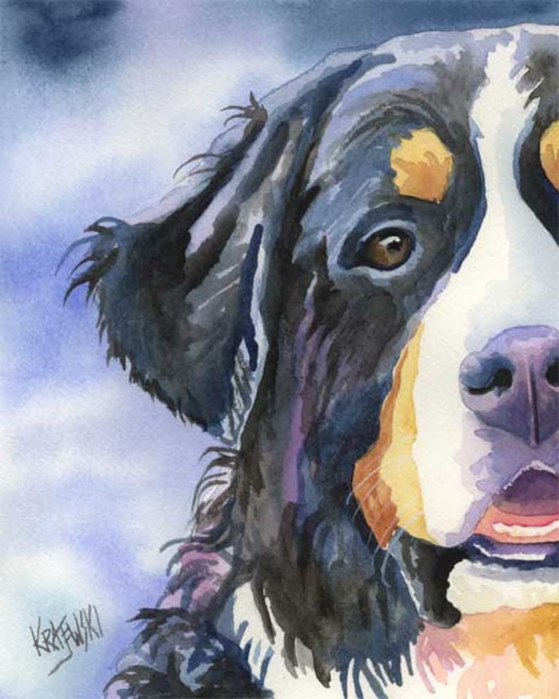 Bernese Mountain Dog Art Print of Original Watercolor Painting 8x10 image 1