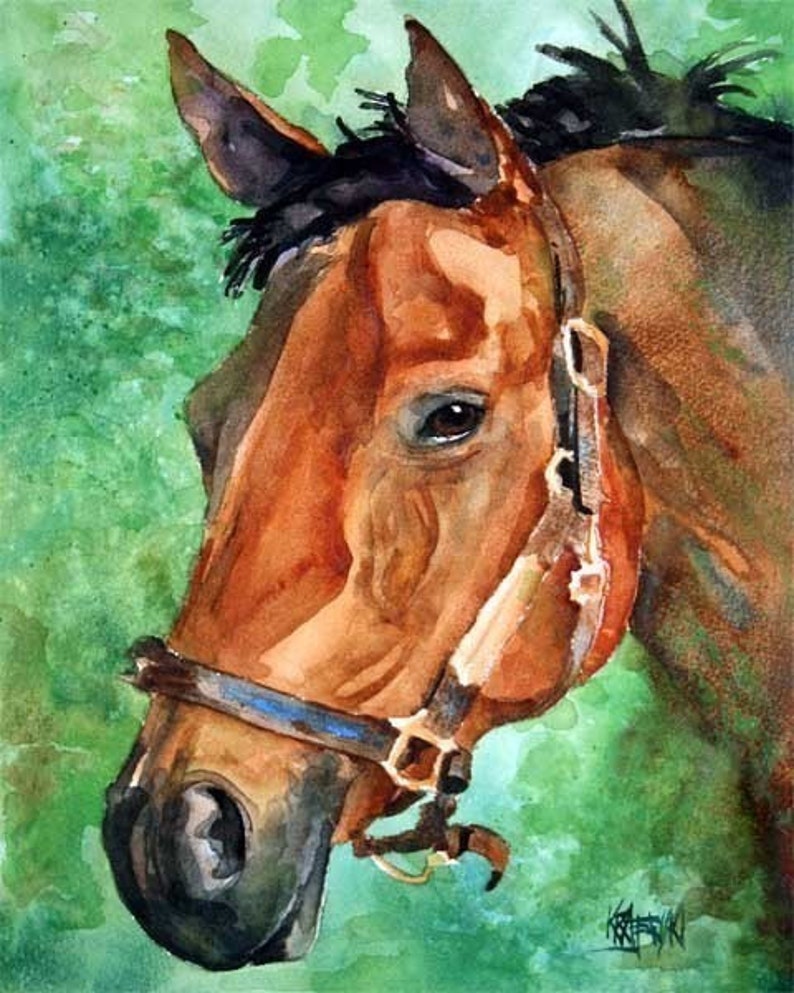 Bay Horse Art Print of Original Watercolor Painting 8x10 image 1