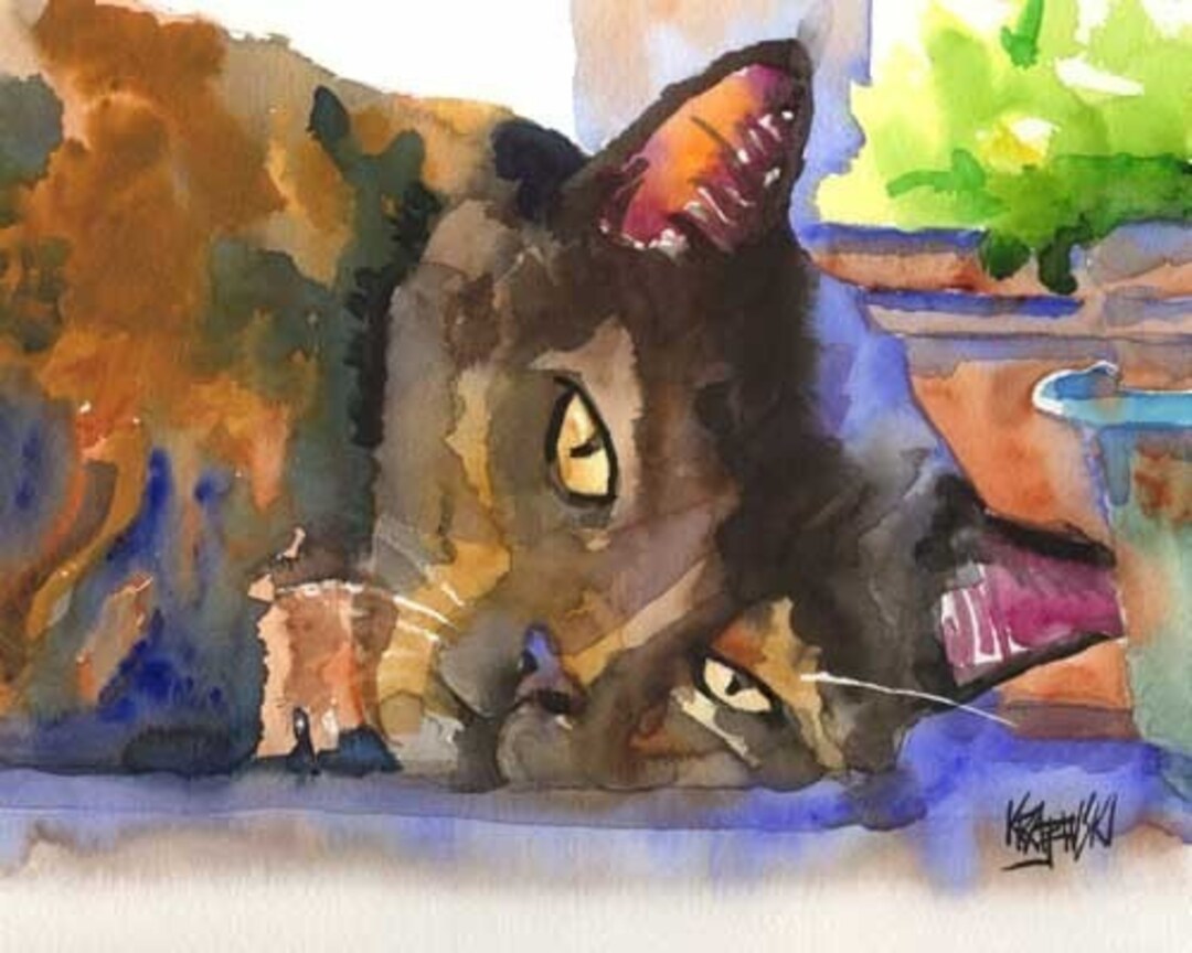 Tortie Cat Art, Tortoiseshell Cat Print of Original Watercolor Painting