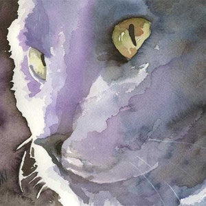 Impression d'Art de chat bleu russe de peinture aquarelle originale image 1