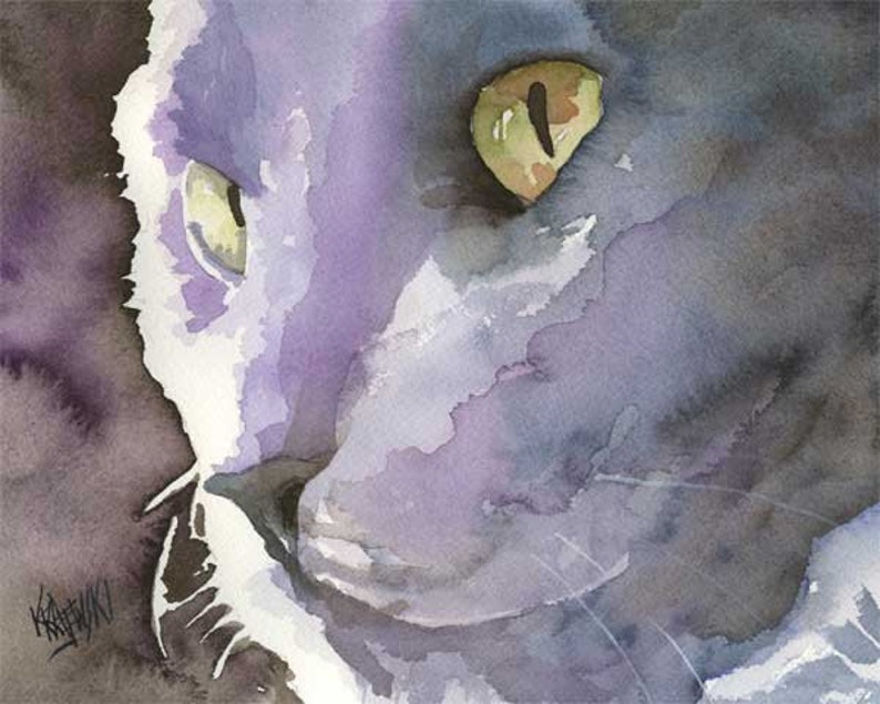 Impression d'Art de chat bleu russe de peinture aquarelle originale image 1