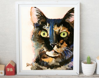 Tortie Cat Art Print of Original Acrylic Painting, Tortoiseshell Cat, Picture, Poster,  8x10