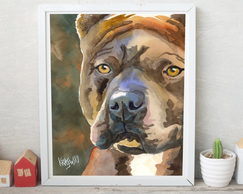 Pit Bull Mom, Pit Bull Art Print of Original Watercolor Painting 8x10 Pitbull Dog Art image 1